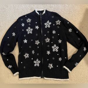 Erika cardigan sweater with snowflake embellishment. Medium.